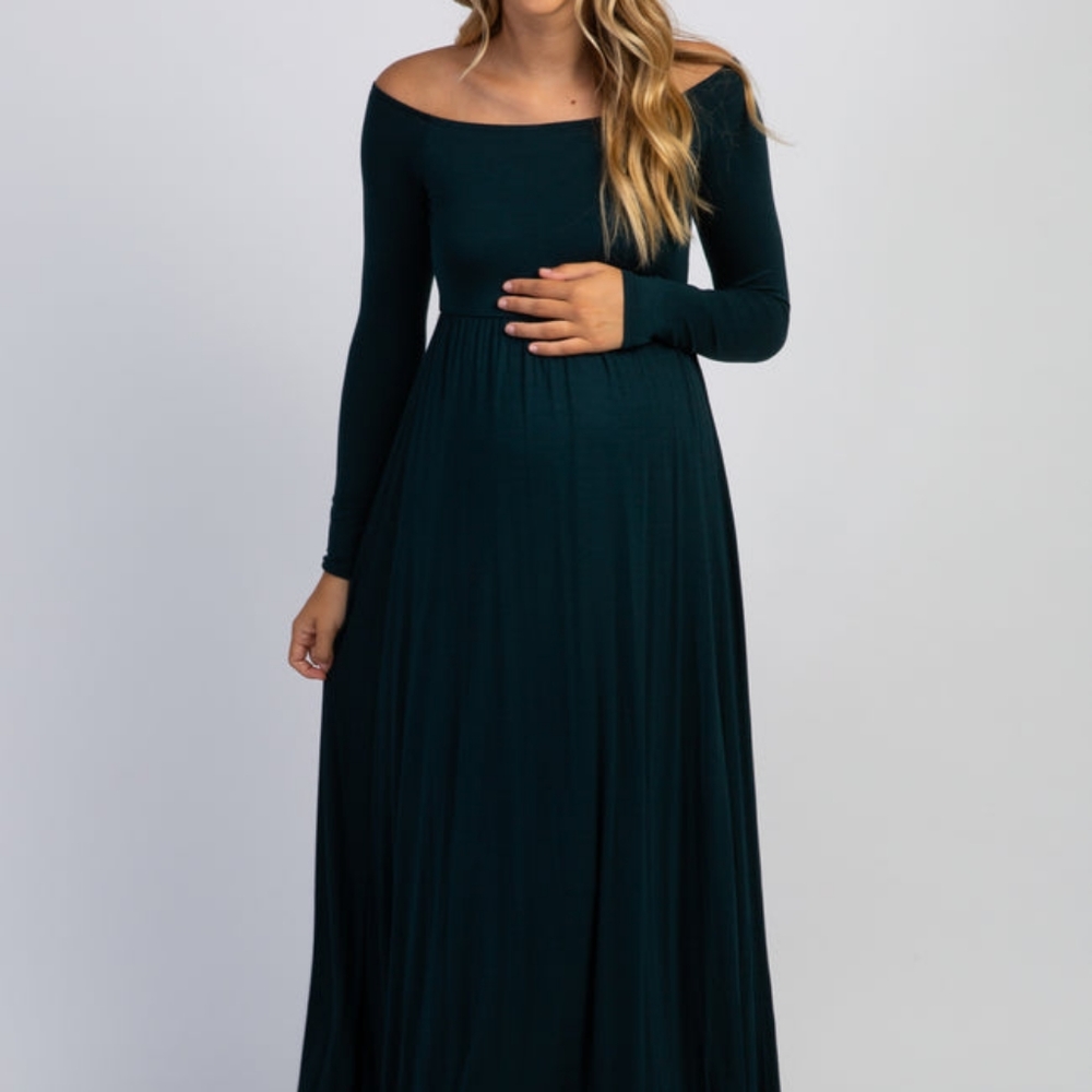 PinkBlush Forest Green Solid Off Shoulder Maternity Maxi Dress